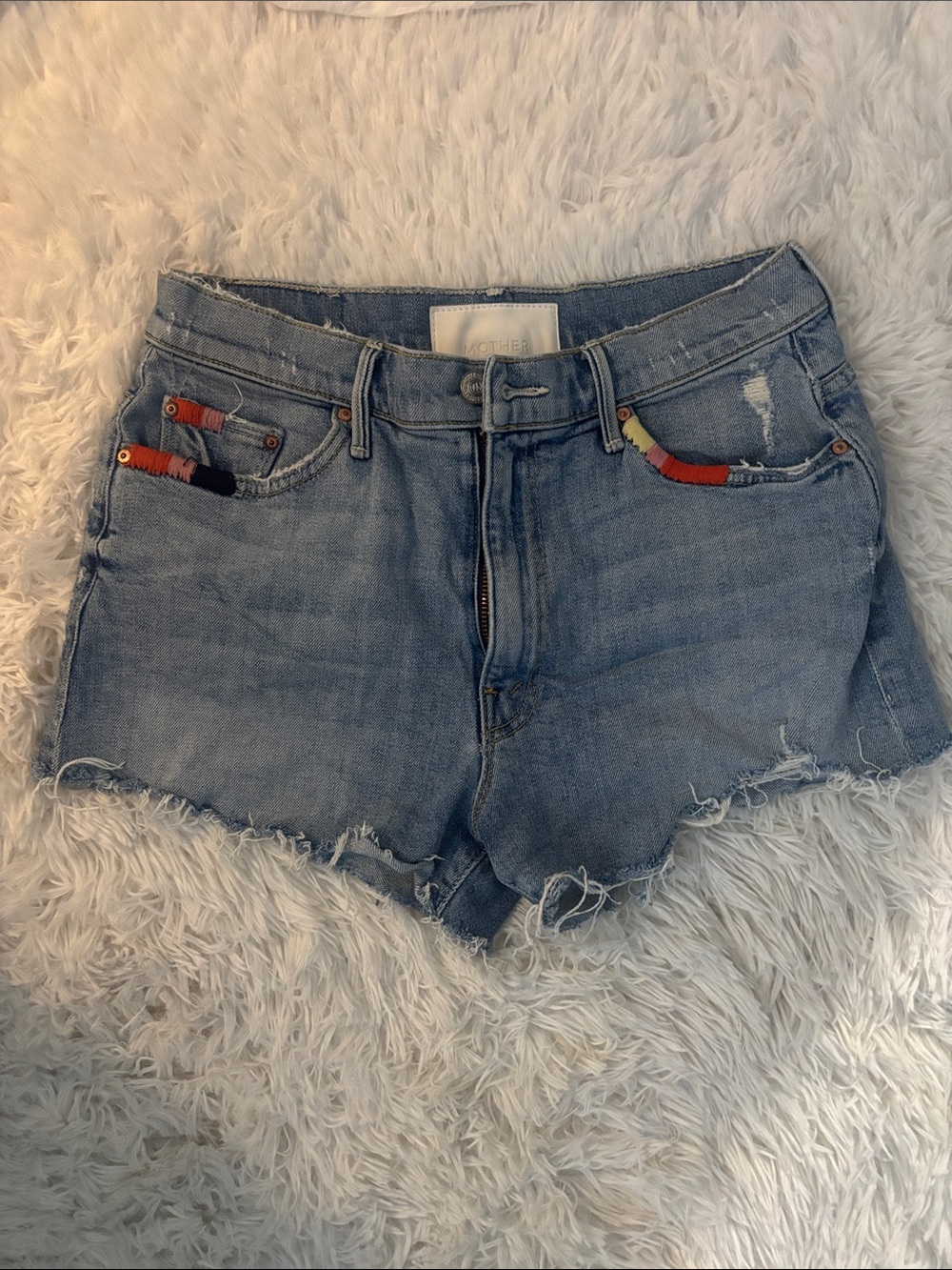 MOTHER Light Blue Denim Cutoff Shorts with Colorful Pocket Embroidery